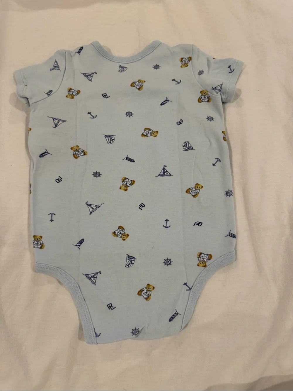 Ralph Lauren Pale Blue Short-Sleeve Wrap Bodysuit with Teddy & Nautical Prints